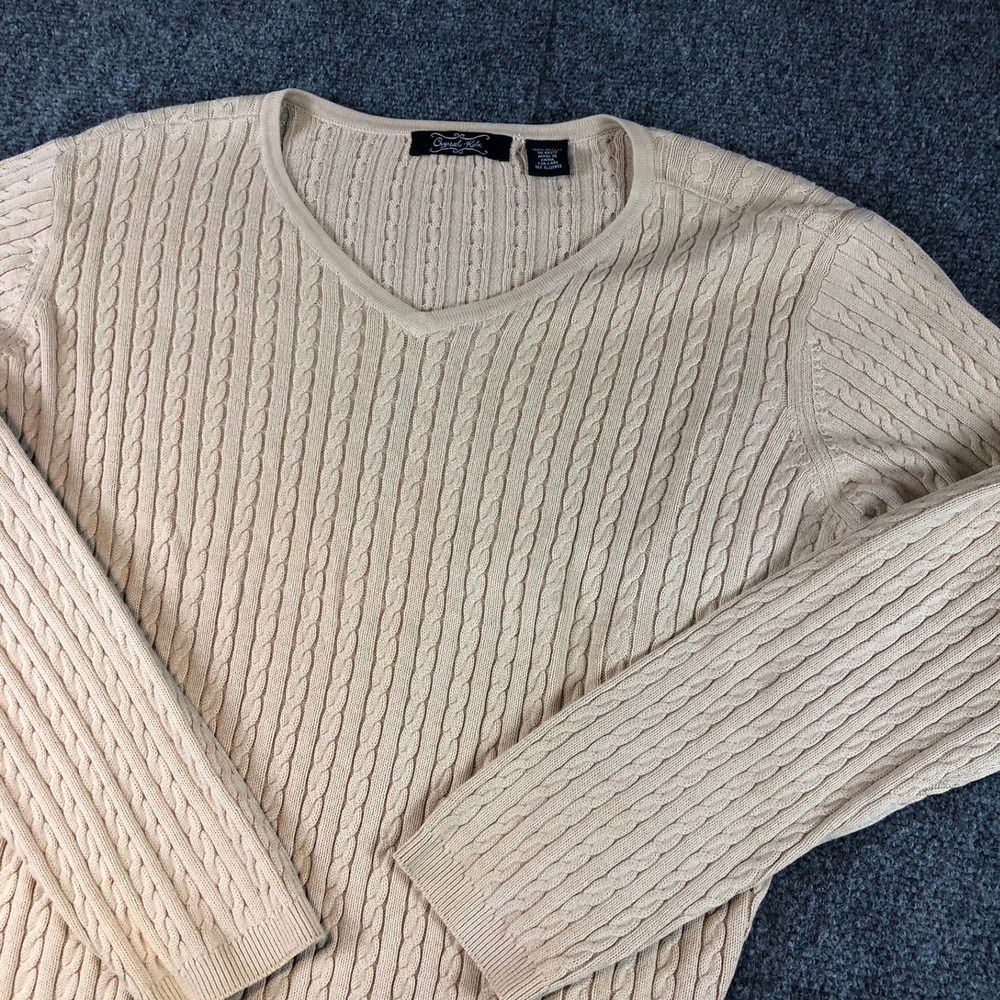 Crystal-Kobe Women's L‎ Cable Knit V-Neck Sweater Beige Cotton Blend Pullover